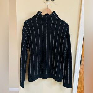 Hem and Thread Black Mock Turtleneck with Silver Metallic Stripes, Size Med